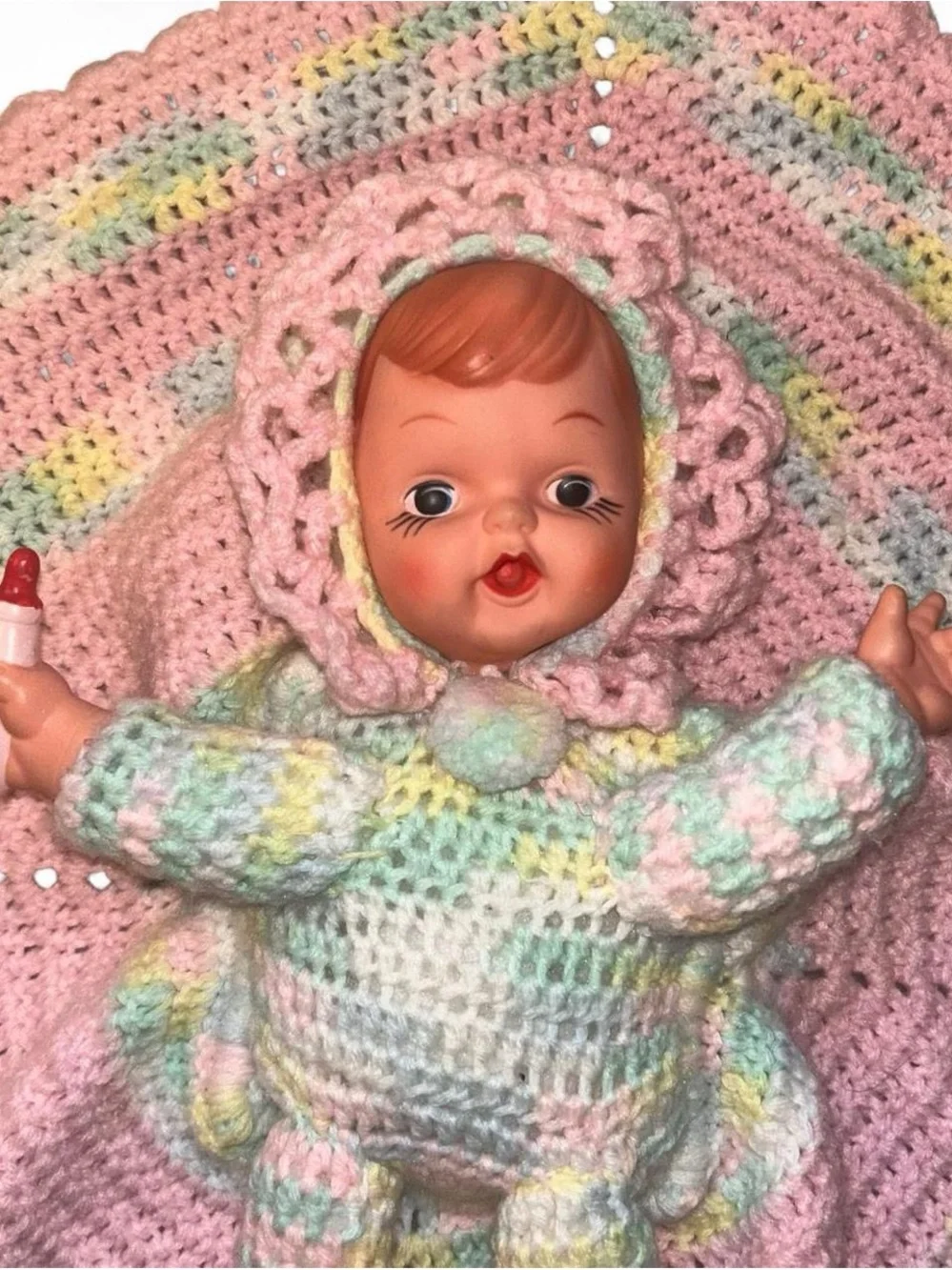Vintage Style Pink Pastel Crochet Lullaby Baby Doll blanket